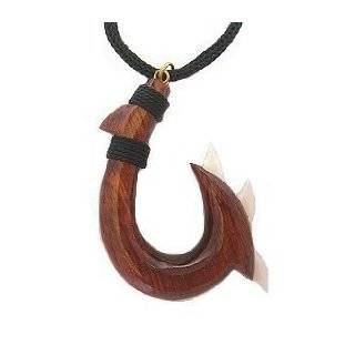   Hawaiian Koa Wood Shark Tooth Fish Hook Necklace 