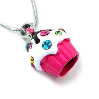   Pink Fuscia Crystal Cupcake Silvertone Toggle Charm Bracelet Jewelry
