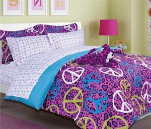 Full Girls Pink Blue Purple White Peace Sign Animal Print Comforter Bed Bag Set