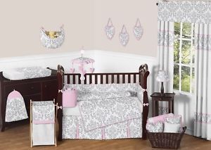 Luxury Pink Gray White Damask Baby Girl 9P Crib Bedding Comforter Set Collection