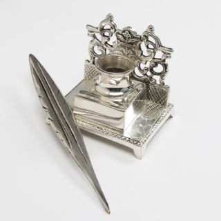 Antique Desk Inkwell Silver Feather Quill Dip Pen Set