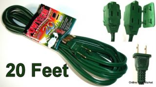 20' Green Extension Power Cord 2 Prong 3 Outlet Long