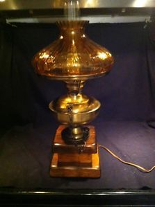 Vintage Brass Electric Hurricane Lamp Amber Glass Shade Wood Base Great Shape