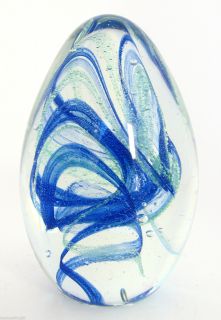 Art Glass Cobalt Blue Green Spiral Oval Egg Shape Paperweight Piece New