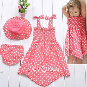 3pcs Kid Infant Baby Girl Polka Dress Pants Hat Set Outfit Costume Clothes 0 3Y