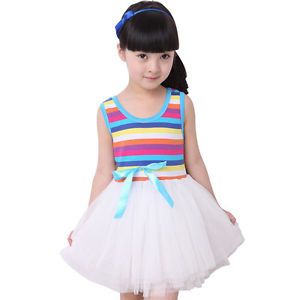 Baby Girls Kids Toddler Clothes Tutu Rainbow Strips Skirt Ruffle Dress 5 6T