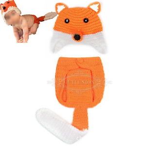 Newborn Infant Baby Girl Boy Knit Crochet Fox Hat Pant Clothes Photo Prop Outfit