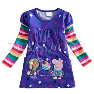 Purple Polka Dots Peppa Pig Girls Rainbow Long Sleeve Top Dress T Shirt 18M 6