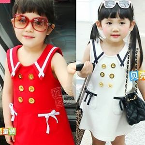 Double Breasted Lovey Baby Girls Kids Sailor Style Mini Dress Tops Pocket 1LD