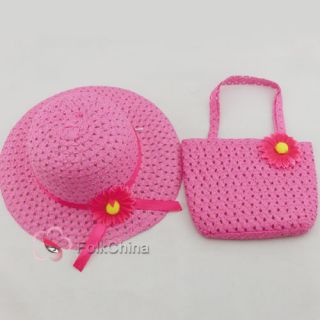 Lovely Kids Girls Children Straw Sun Hat Cap and Cute Straw Handbag Set