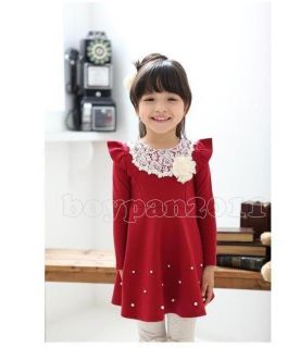 Kids Toddlers Girls Lovely Cotton Long Sleeve Pink Navy Red Tutu Dress AGES2 7Y