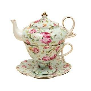   Tea for One, Stacked Teapot Cup Saucer, Blue Cottage Rose Chintz